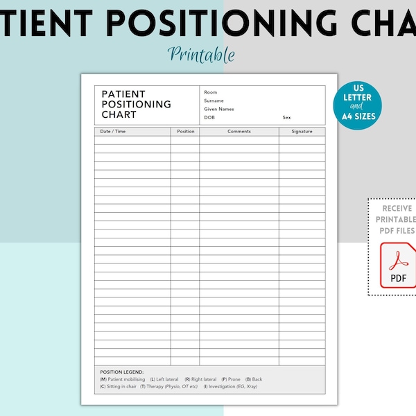 Patient Positioning and Turn Chart, Patient Repositioning Chart, Nursing chart, Nursing form, Pressure Area Turning Chart