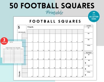 50 cuadrados de fútbol imprimibles, recaudación de fondos de fútbol, juego de apuestas de fútbol, cuadrícula de fútbol, paquete de partidos de fútbol, póster del Super Bowl