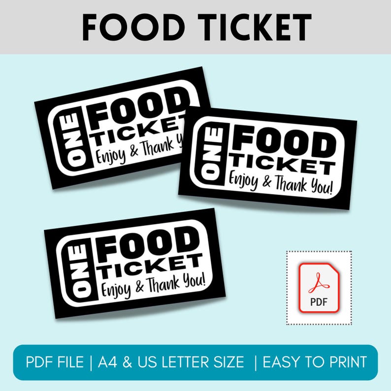 Food Tickets, Printable Party Food Voucher Template, Meal Tickets, Meal ...