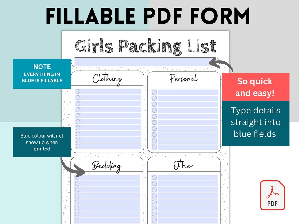 Editable Girls Camp Packing List, Girls Camping Packing Checklist, Girl