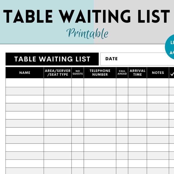 Printable Table Waiting List, Restaurant Table Waiting Form, Restaurant Reservation Waiting Sheet, Booking Reservation