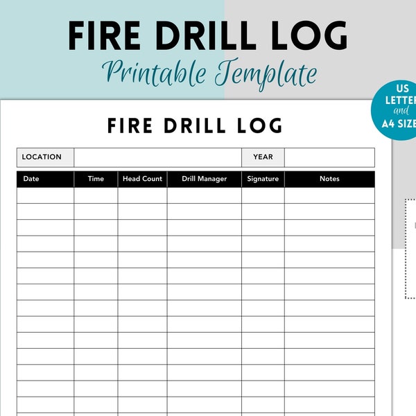 Fire Drill Log Printable, Fire Drill Practice, Fire Drill Log,  School Fire Drill Log, Daycare Fire Drill Log, Business Fire Drill Log