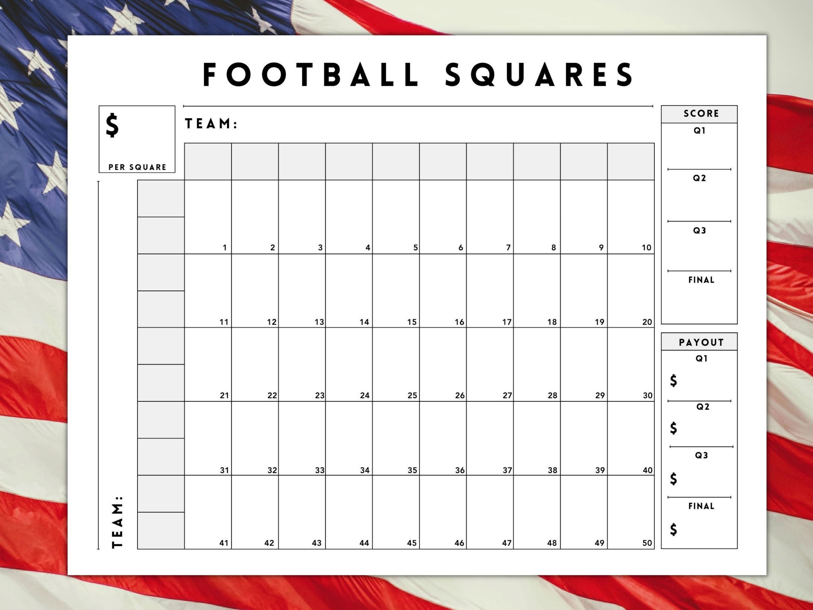 Printable 50 Football Squares, Football Fundraiser, Football Betting ...