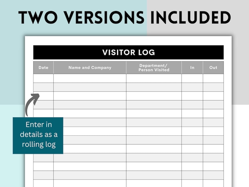 Printable Visitor Log, Visitor Sign in / Sign Out Sheet, Visitation Log