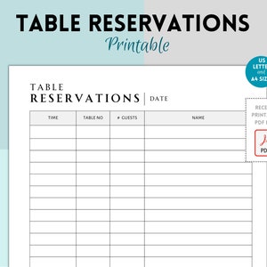 Printable Table Reservation List, Restaurant Table Reservation Form, Restaurant Reservation Sheet, Restaurant Booking
