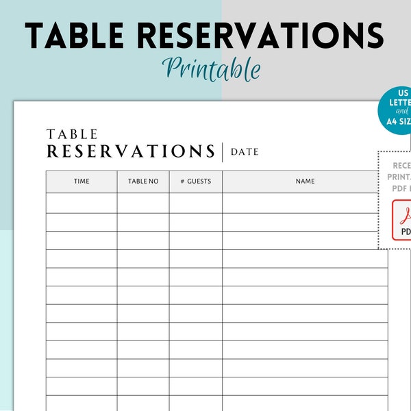 Printable Table Reservation List, Restaurant Table Reservation Form, Restaurant Reservation Sheet, Restaurant Booking