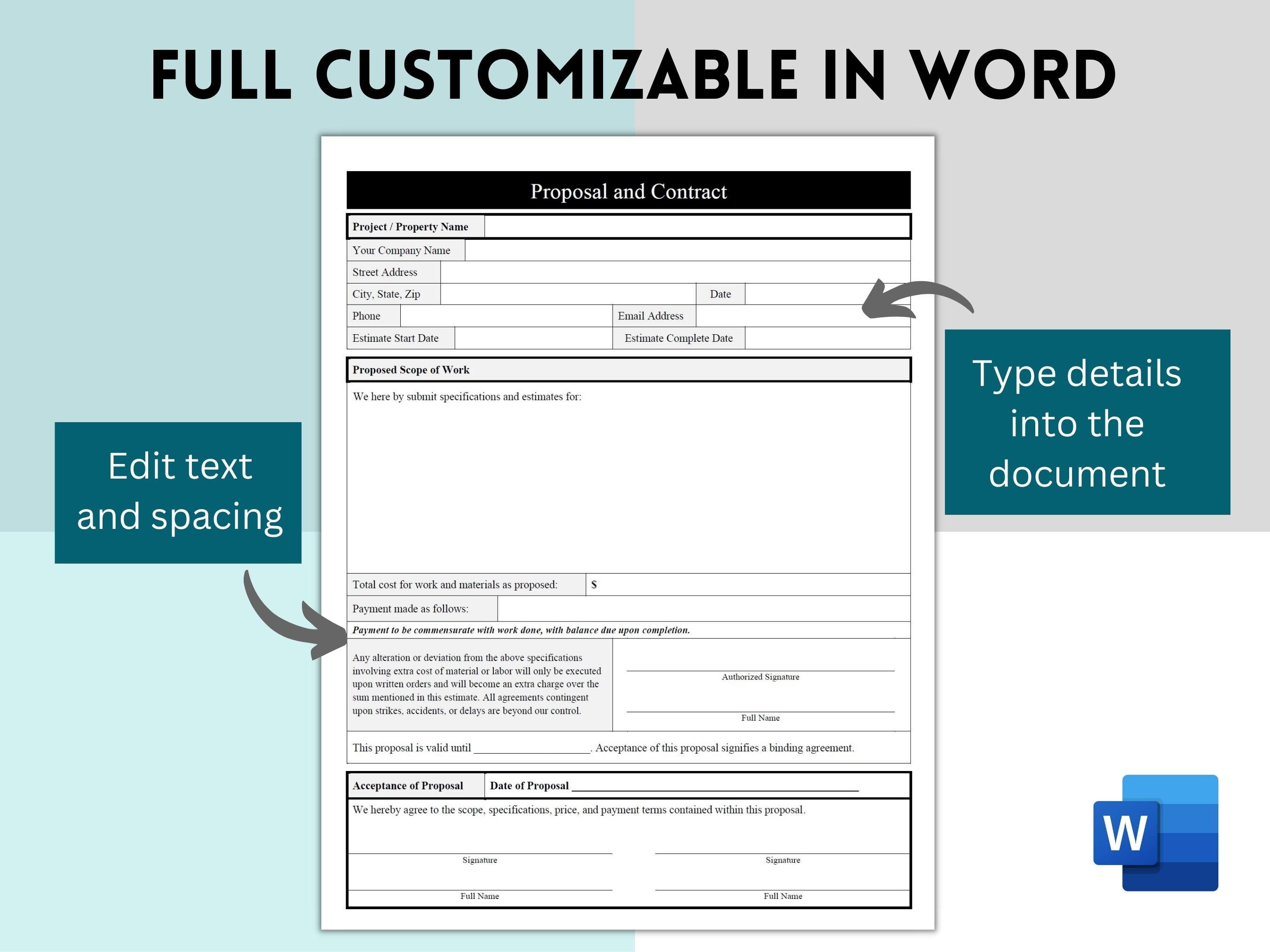 Contract Template, Printable Proposal and Contract Form, Business Form