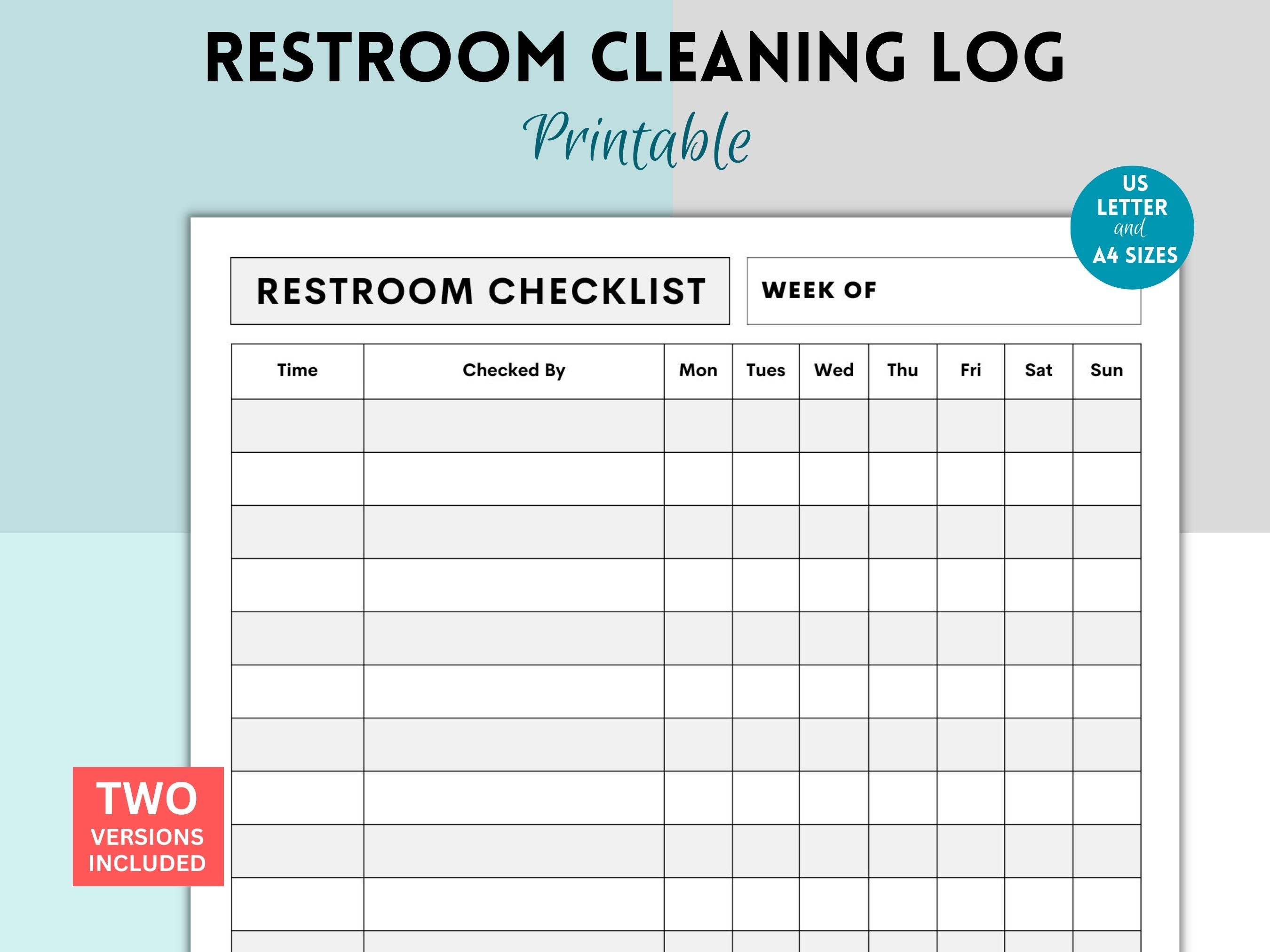 Printable Restroom Cleaning Log for Businesses, Bathroom Cleaning Log Printable Restroom Cleaning Log for Businesses, Bathroom Cleaning Log