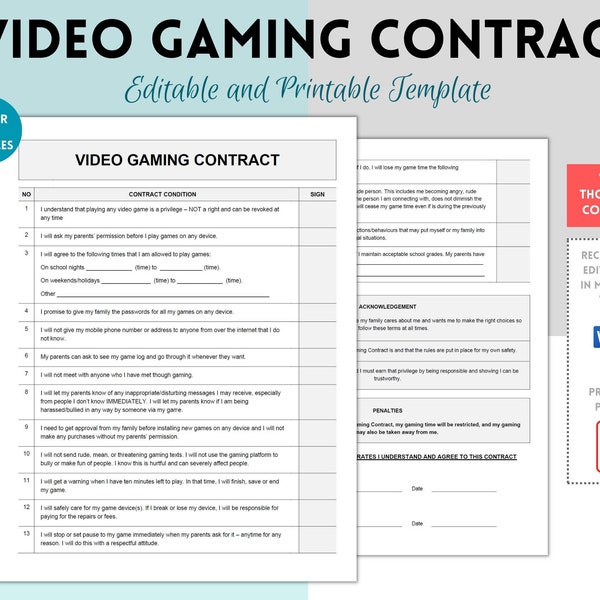 Video Gaming Contract for Teenagers, Screen Time Rules, House Rules, Technology Rules, Video Game, Parent Teen Agreement, Video Game Usage