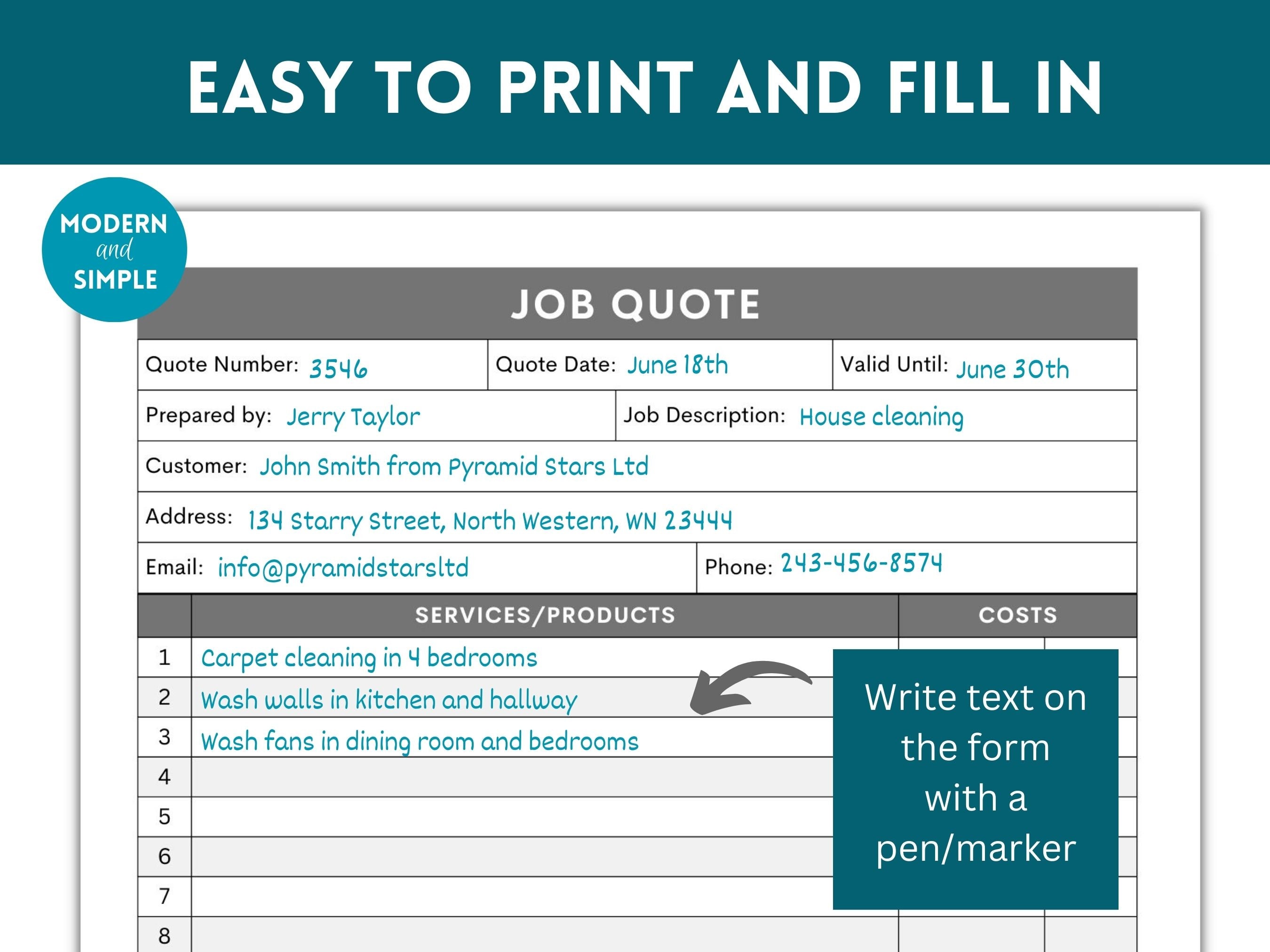 Printable Quote Template Quote Form Job Proposal Template