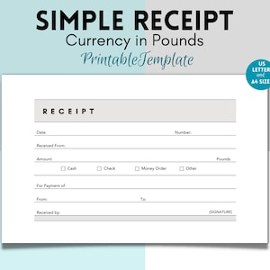 Simple Printable Receipt Form, Small Business Pounds Receipt, Sales Receipt Template for Business, Digital Customer Receipt, Rent Receipt