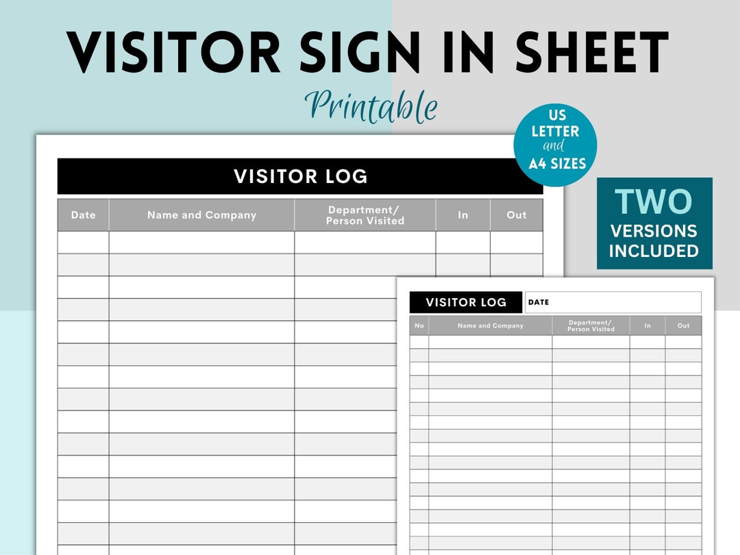 Printable Visitor Log, Visitor Sign in / Sign Out Sheet, Visitation Log