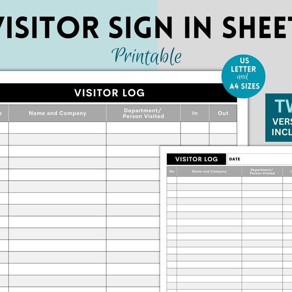 Printable Visitor Log, Visitor Sign in / Sign Out Sheet, Visitation Log, Visitor Tracker Template, Visitor book, Guest Check in Sheet