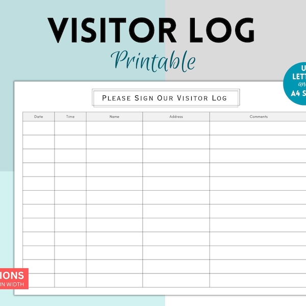 Printable Visitor Log, Visitor Sign in Sheet, Visitor Logbook, Visitor Tracker Template, Visitor Book With Comments, Guest Log Book