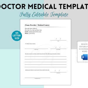 Nota del médico / Carta del médico / Certificado médico, Trabajo, Escuela, Editable, Plantilla digital, Descarga instantánea, Carta profesional