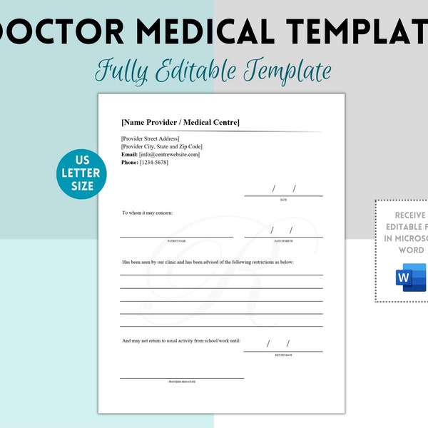 Doctor's Note | Doctor's Letter| Medical Certificate, Work, School, Editable, Digital Template, Instant Download, Professional Letter
