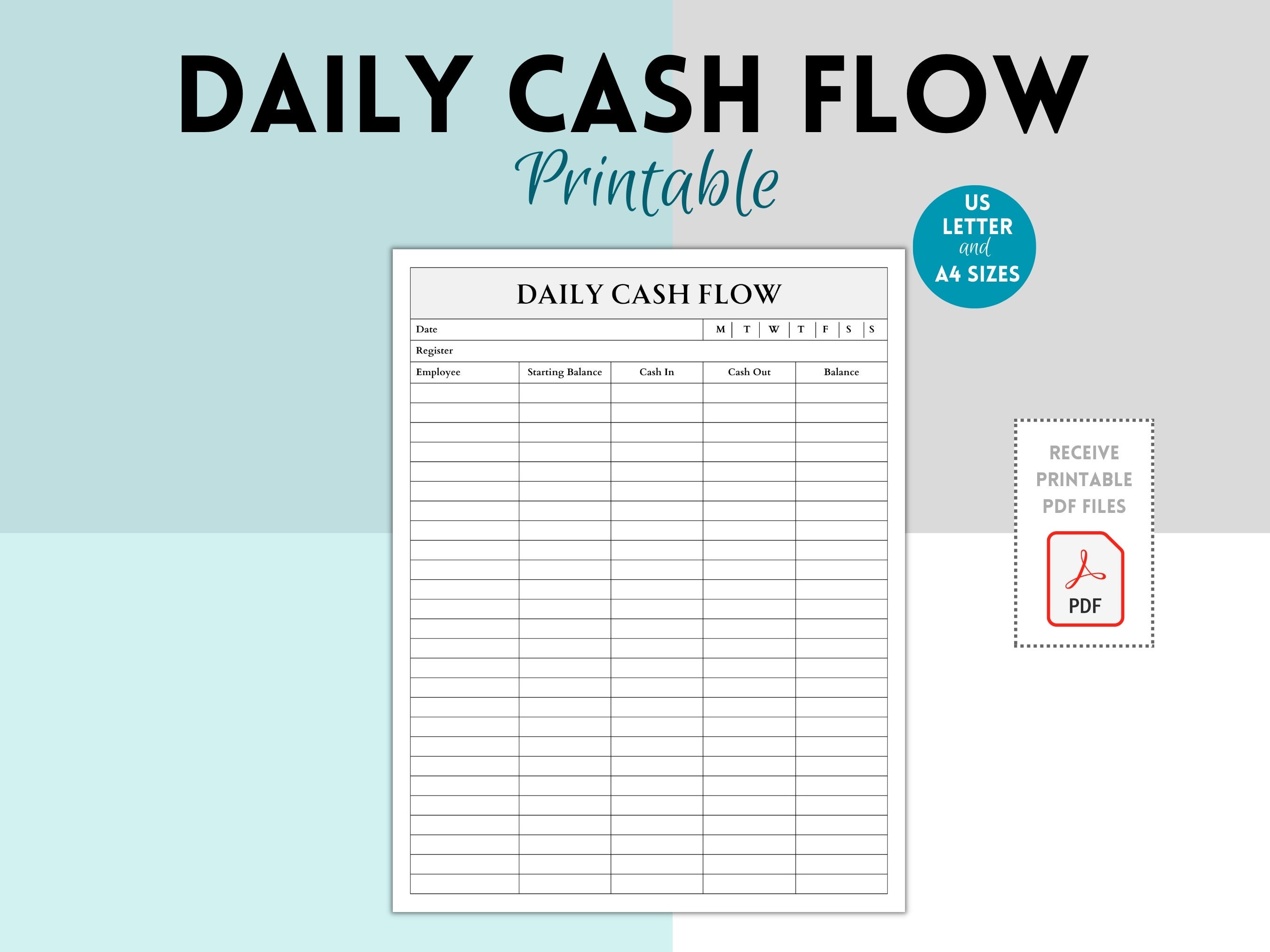 Business Daily Cash Flow, Register in Out Closeout, Cash Log, Reconcile
