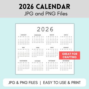 2026 Calendar PNG, 2026 Calendar JPG, Calendar 2026, Transparent Background Clip Art, Printable Calendar, Sublimation Image, Craft Calendar