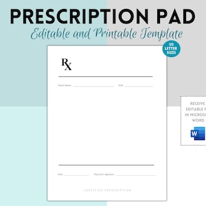 Prescription Pad Template, Rx Prescription Notepad Template, Prescription Form, Doctor Prescription Sheet, Microsoft Word Template