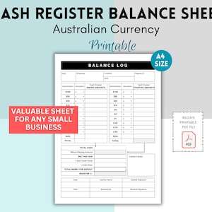 Registrierkassen-Bilanzenblatt australisch, Kassenguthaben-Abgleichsformular, Kassenabgleichsblatt