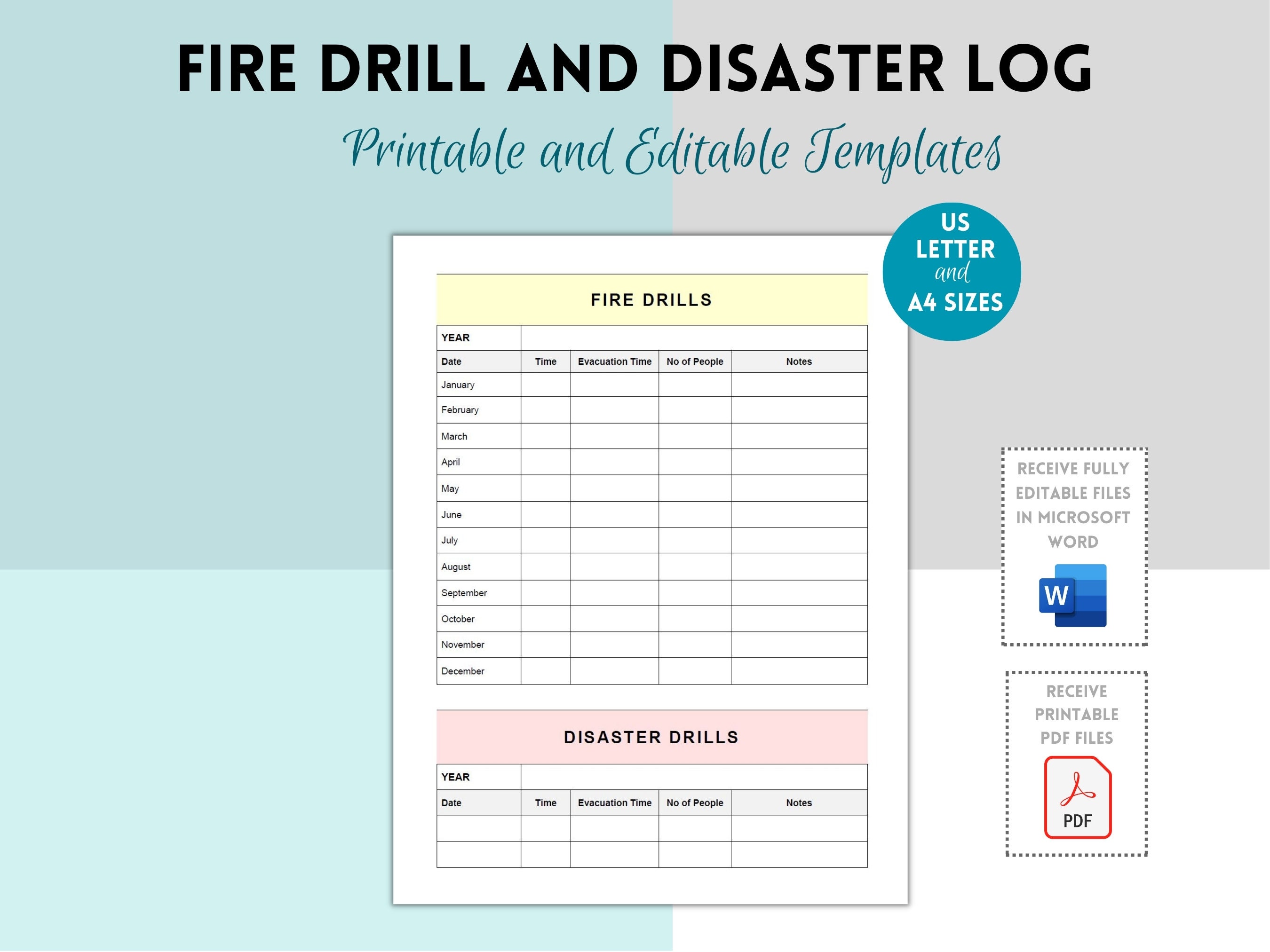 Fire Drill and Disaster Drill Log, School Fire Drill, Daycare Fire Drill, Business Work Fire Disaster Log, Practice Drill, Emergency Sheet