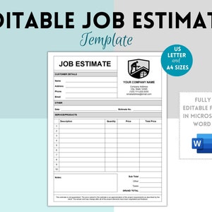 Job Estimate, Microsoft Word, Contractor Estimate, Job Estimate Template, Construction Estimate Template, Roofing Building Estimate