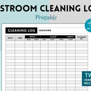 Printable Restroom Cleaning Log for Businesses, Bathroom Cleaning Log, Bathroom Checklist, Restroom Checklist, Bathroom Cleaning Chart
