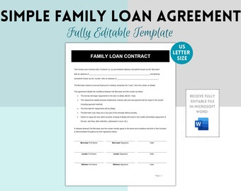 Simple Family Loan Agreement Template, Family Loan Contract,  Family Loan Form, Agreement Contract, Editable Word Template