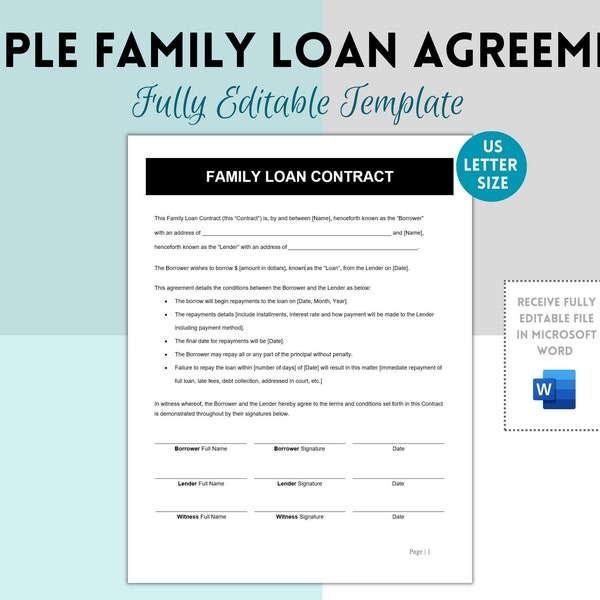 Simple Family Loan Agreement Template, Family Loan Contract,  Family Loan Form, Agreement Contract, Editable Word Template