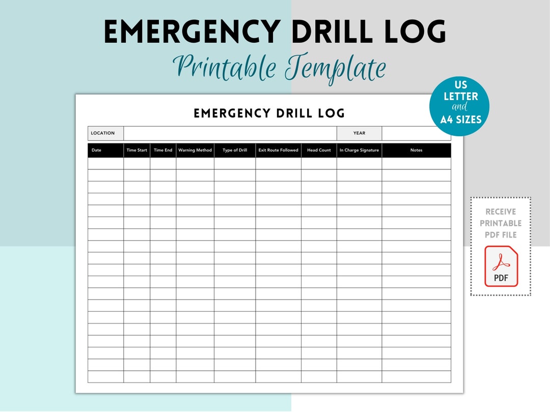 Printable Emergency Drill Log, Emergency Drill Record, Fire Drill Log