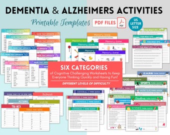 Demenz-Aktivitäten-Bundle, Alzheimer-Ressourcen, Denk-Schnell-Gedächtnis-Aktivitäten, Pflegeheimpflege, Seniorenspiele, Arbeitsblätter für psychische Gesundheit