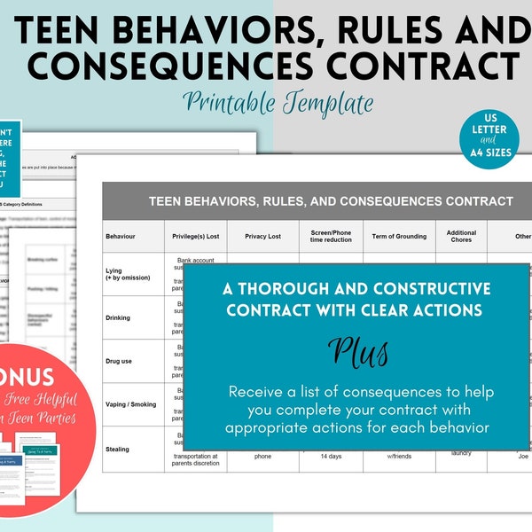 Teen Behavior Contract, Contract for Teenager, Actions and Consequences for Teens, Rules for Teenagers, Teens Rules and Consequences Chart