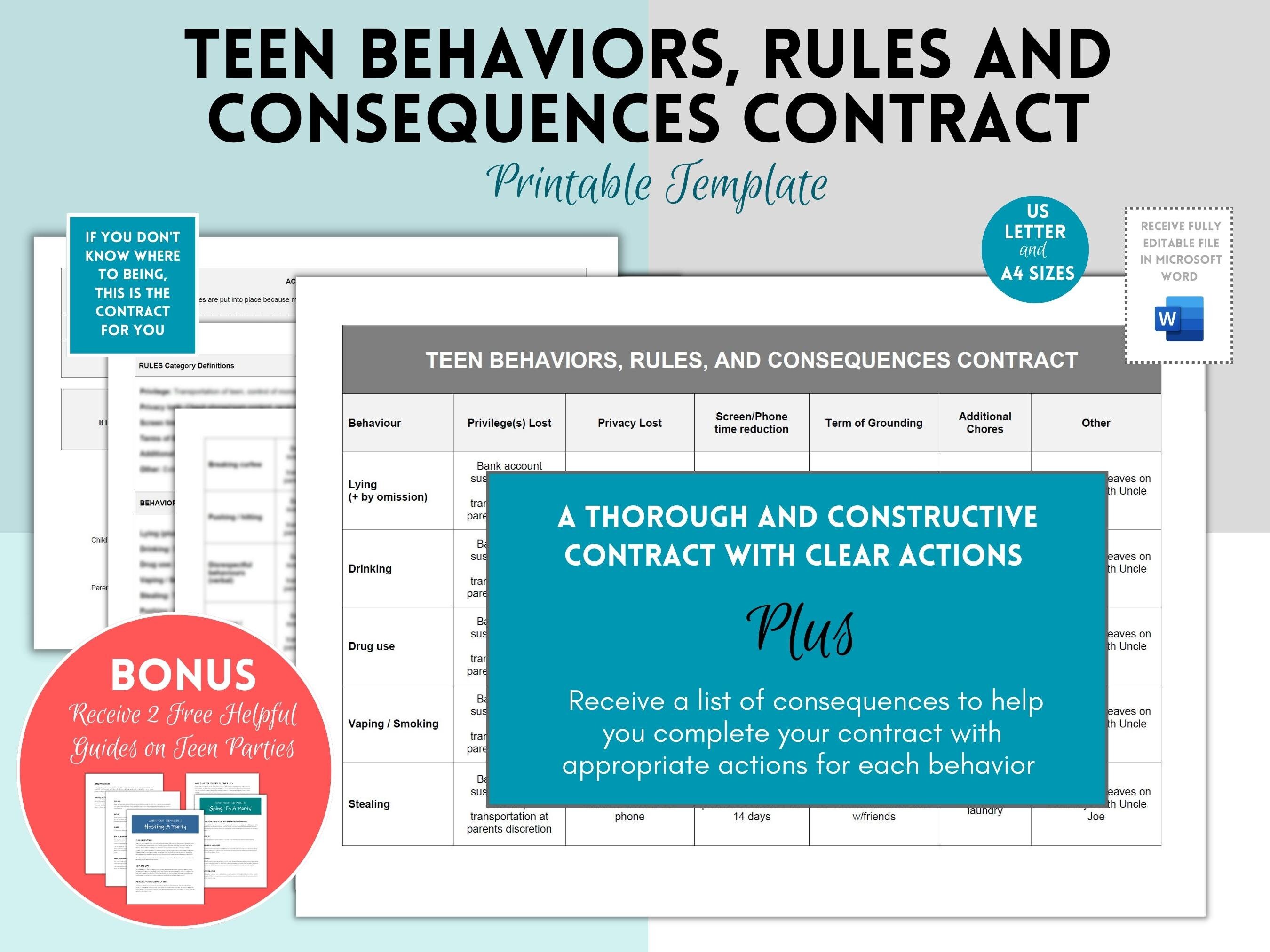 Teen Behavior Contract, Contract for Teenager, Actions and Consequences for Teens, Rules for ...