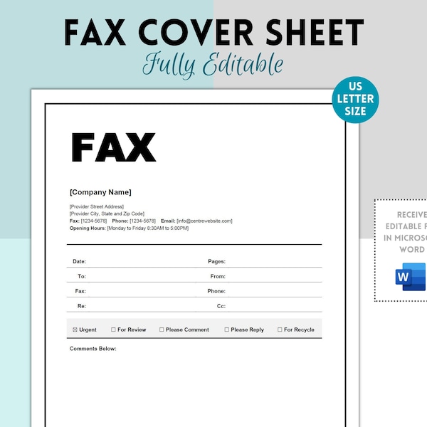 Fax Cover Sheet Template, Office Stationery Fax Editable Form, Small Business, Office Supplies, HR Templates, Printable Digital Download