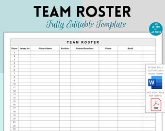 Plantilla de equipo, plantilla deportiva imprimible, plantilla de equipo de fútbol, plantilla de sóftbol, plantilla de fútbol americano, Word editable, PDF imprimible