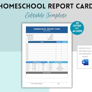 Boletín de calificaciones editable para educación en casa, informe de progreso, plantilla de seguimiento de calificaciones, expediente académico imprimible