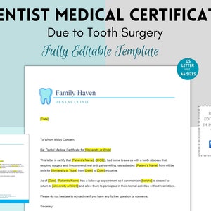Nota del dentista, carta del dentista, excusa del dentista, nota de la consulta del médico, carta del médico, certificado médico, totalmente editable, profesional