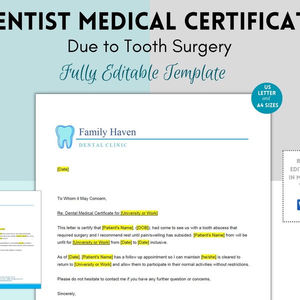 Dentist Note, Dental Letter, Dentist Excuse, Doctor's Surgery Note,  Doctor's Letter, Medical Certificate, Fully Editable, Professional