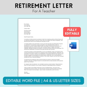 Carta de aposentadoria de professor profissional, Aviso de aposentadoria, Modelo de aposentadoria, Carta de demissão, Carta de demissão, Microsoft Word editável,