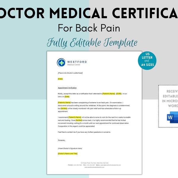 Doctor's Note, Doctor's Letter, Medical Certificate, Printable Medical Excuse Letter for Work or School Absence, Back Pain