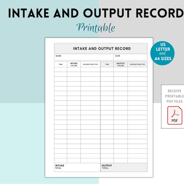 Fluids Intake and Output Record, Fluid Balance Chart, Intake Output Tracker, Nursing Form, Urine Output Record, Medical Chart, Binder Insert