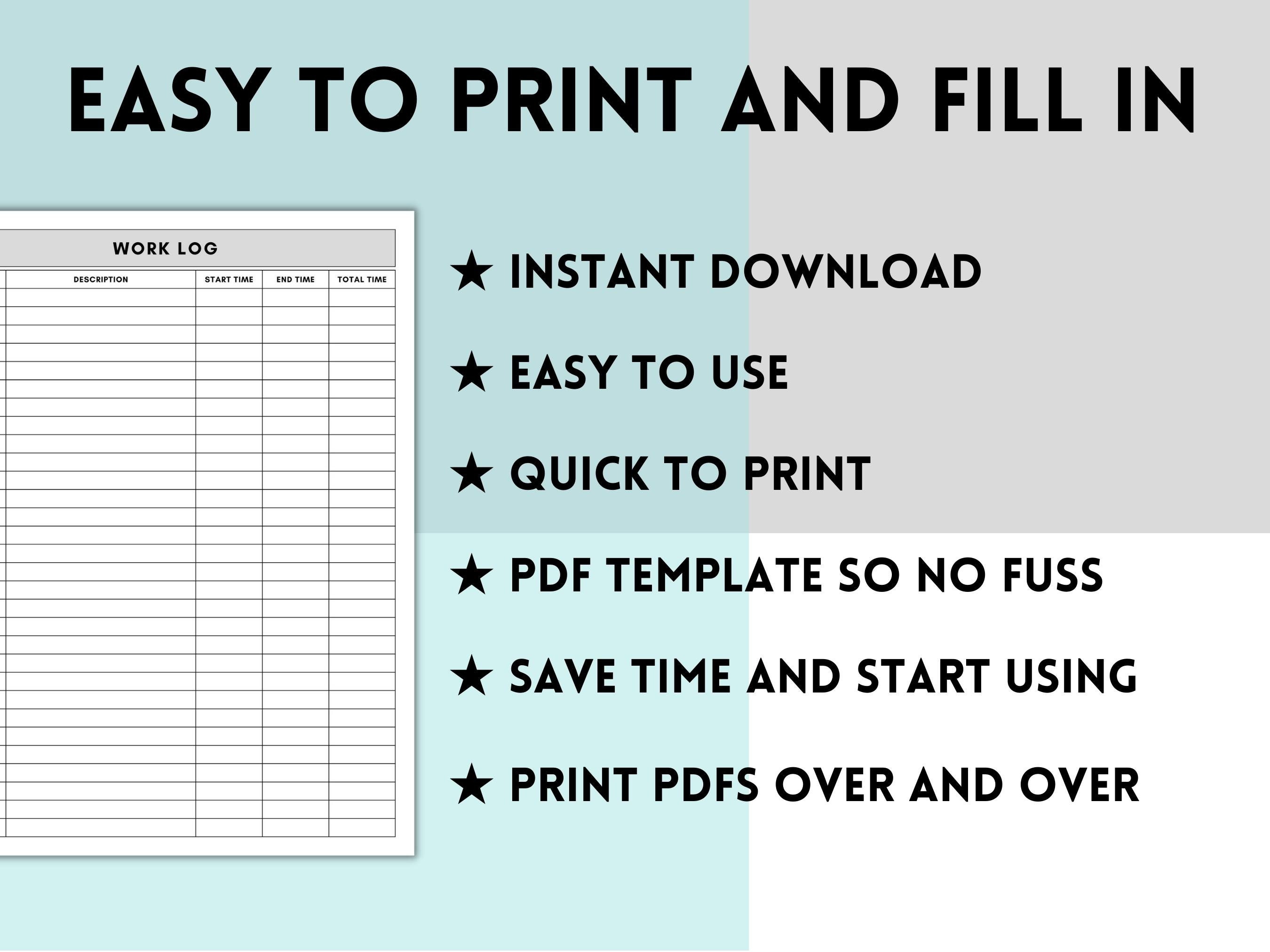 Work Log Printable, Time Log, Time Tracker, Work Hours Log, Activity ...