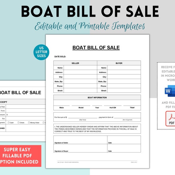 Boat Bill of Sale, Boat Sale Form, Boat Sale Agreement, Boat Sale Template, Editable Form, Fillable PDF Form, Sales Contract, Sales Receipt