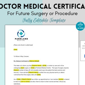 Nota médica, carta del médico, certificado médico, carta imprimible de justificación médica para ausencias laborales o escolares, procedimiento quirúrgico futuro