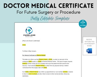 Doctor&#39;s Note, Doctor&#39;s Letter, Medical Certificate, Printable Medical Excuse Letter for Work or School Absence, Future Surgery Procedure