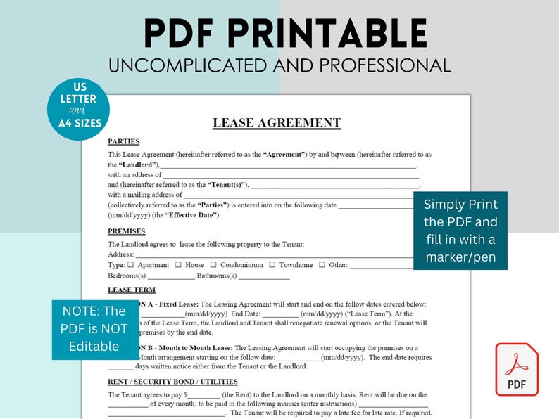 Simple One Page Lease Agreement, Basic Rental Agreement, Lease Contract ...