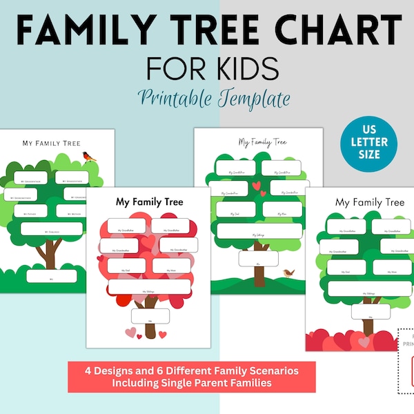 Family Tree Chart for Kids,  Family History for Children, Genealogy Chart,  School Activities, Kids Family Generations, Gifts for Family