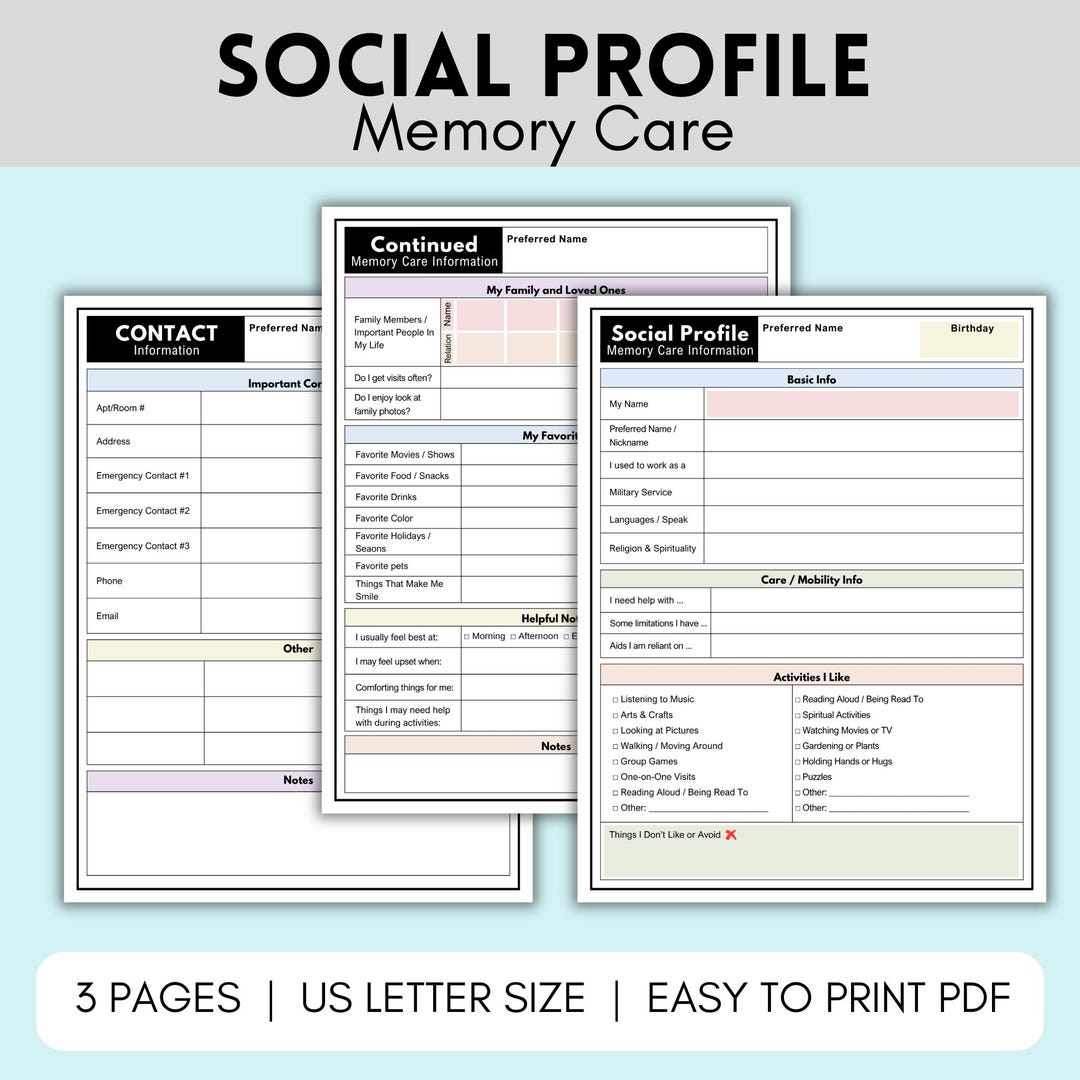 Senical Profile Printable Social Profile, Seniors Dementia Alzheimers Memory Care ...