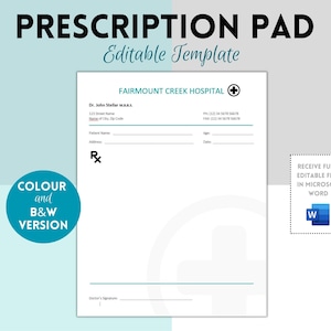 Prescription Pad Template, Rx Prescription Notepad Template, Prescription Form, Doctor Prescription Sheet, Microsoft Word Template,