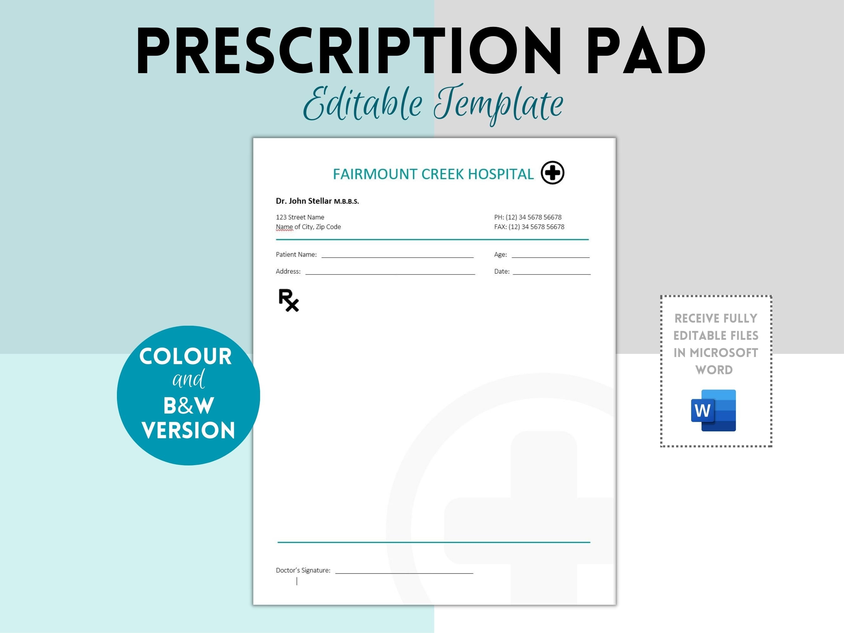 Prescription Pad Template, Rx Prescription Notepad Template, Prescription Form, Doctor